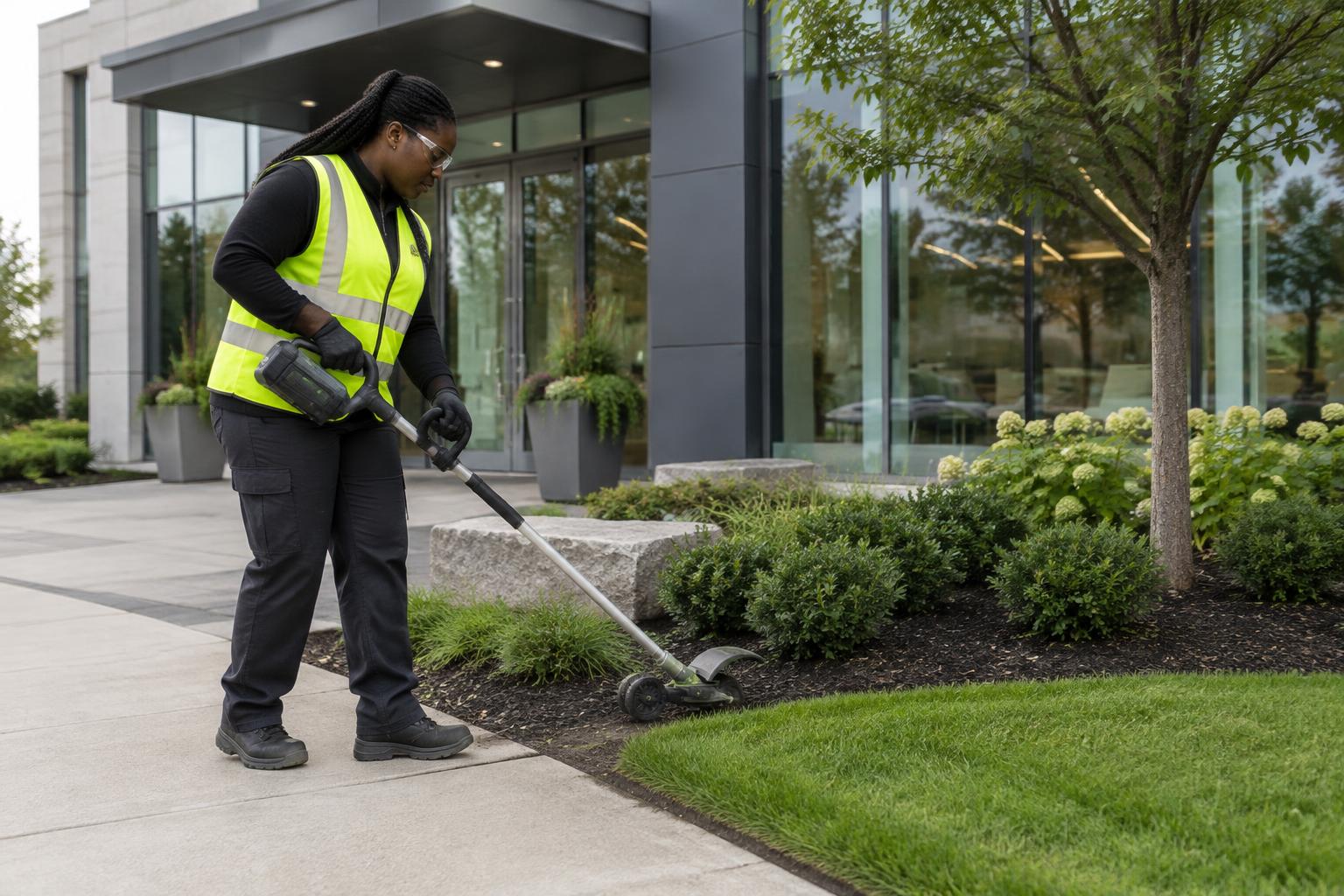 Grounds worker edging planting beds at a commercial building entrance
