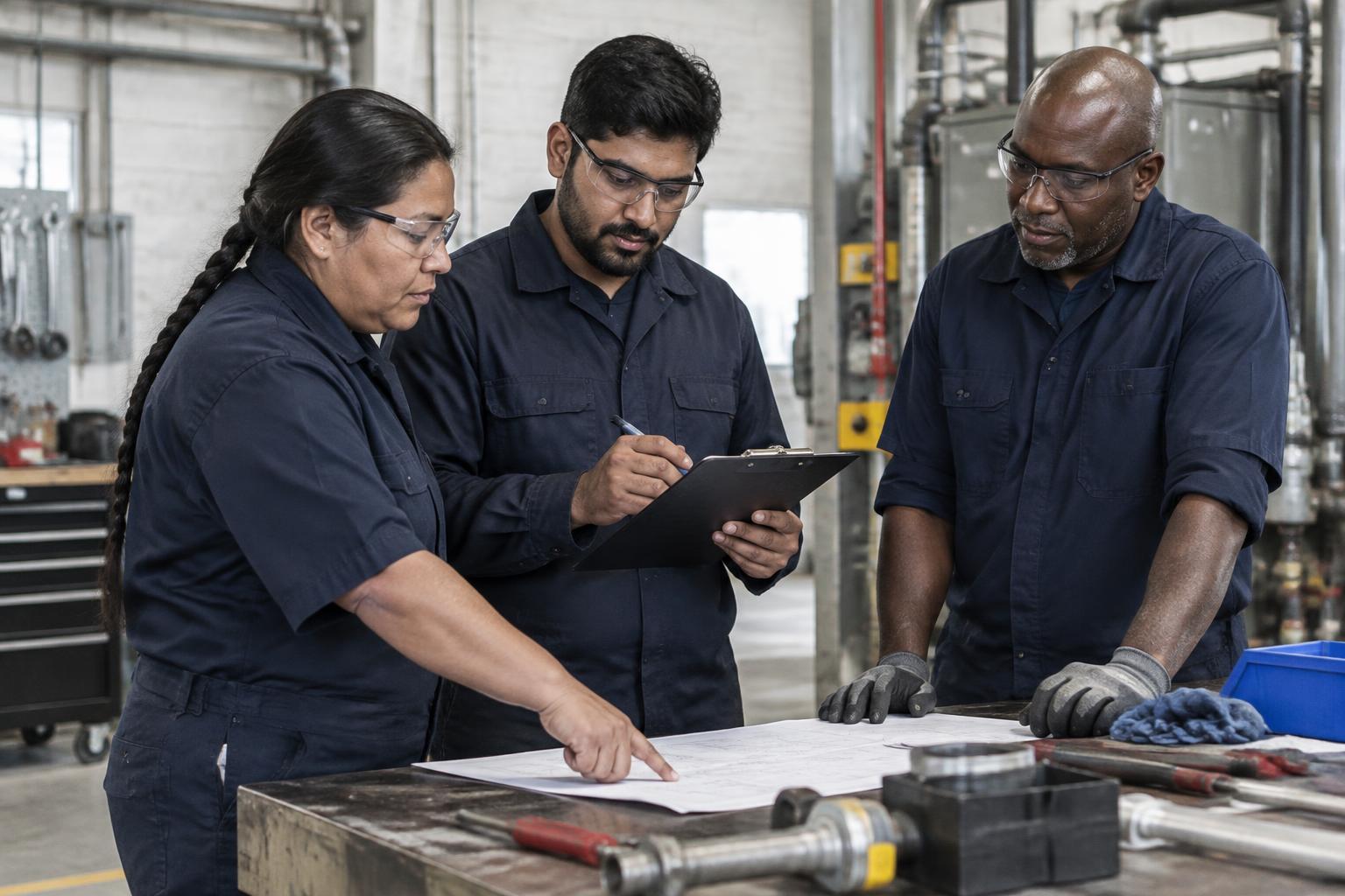 Facility support staff coordinating an operational assignment in an industrial building