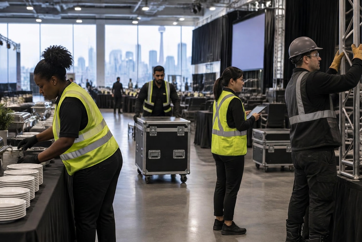 Site support team coordinating service stations in an indoor event venue