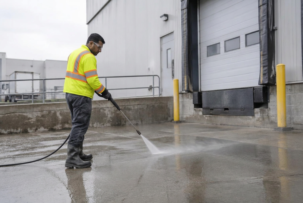 Concrete loading approach being pressure washed at an industrial property