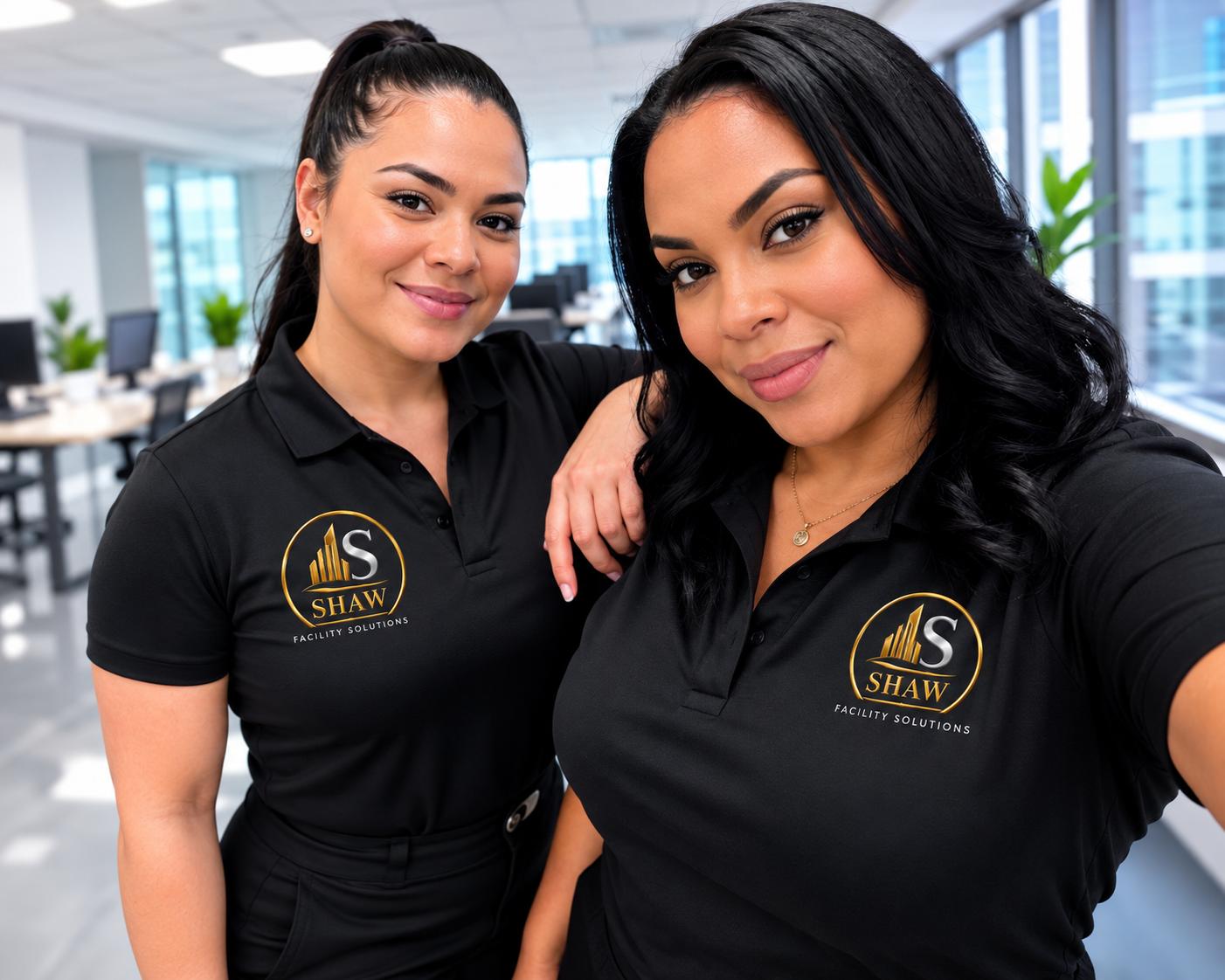 Two Campbell Shaw team members in branded apparel working together in a commercial office interior