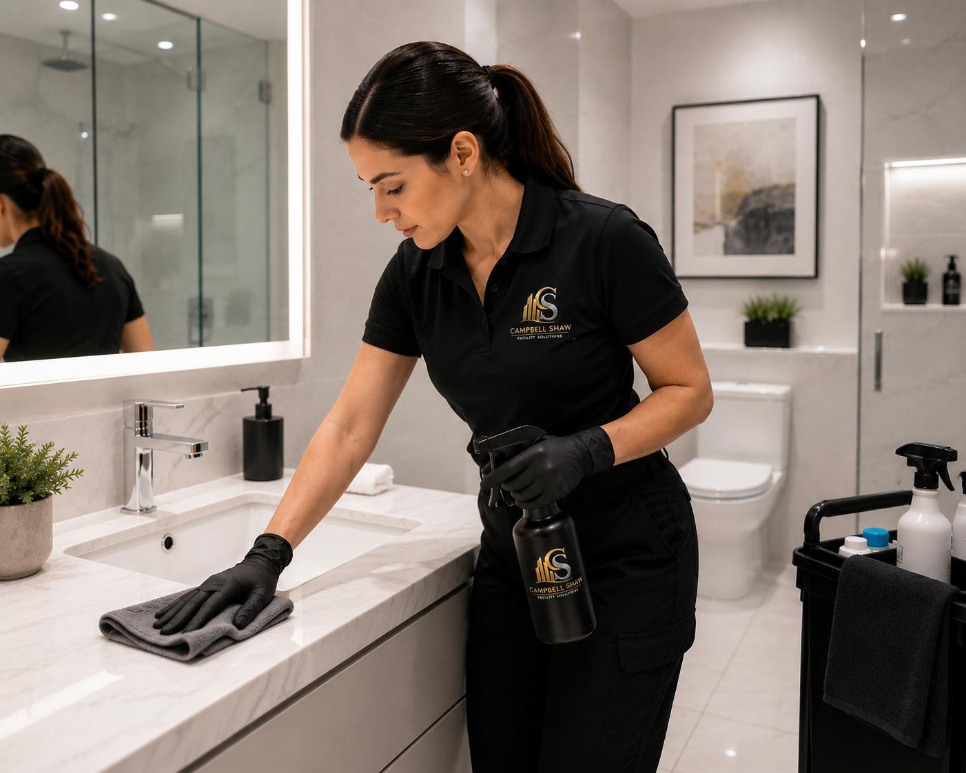 Campbell Shaw team member in branded apparel cleaning a commercial washroom counter and sink area