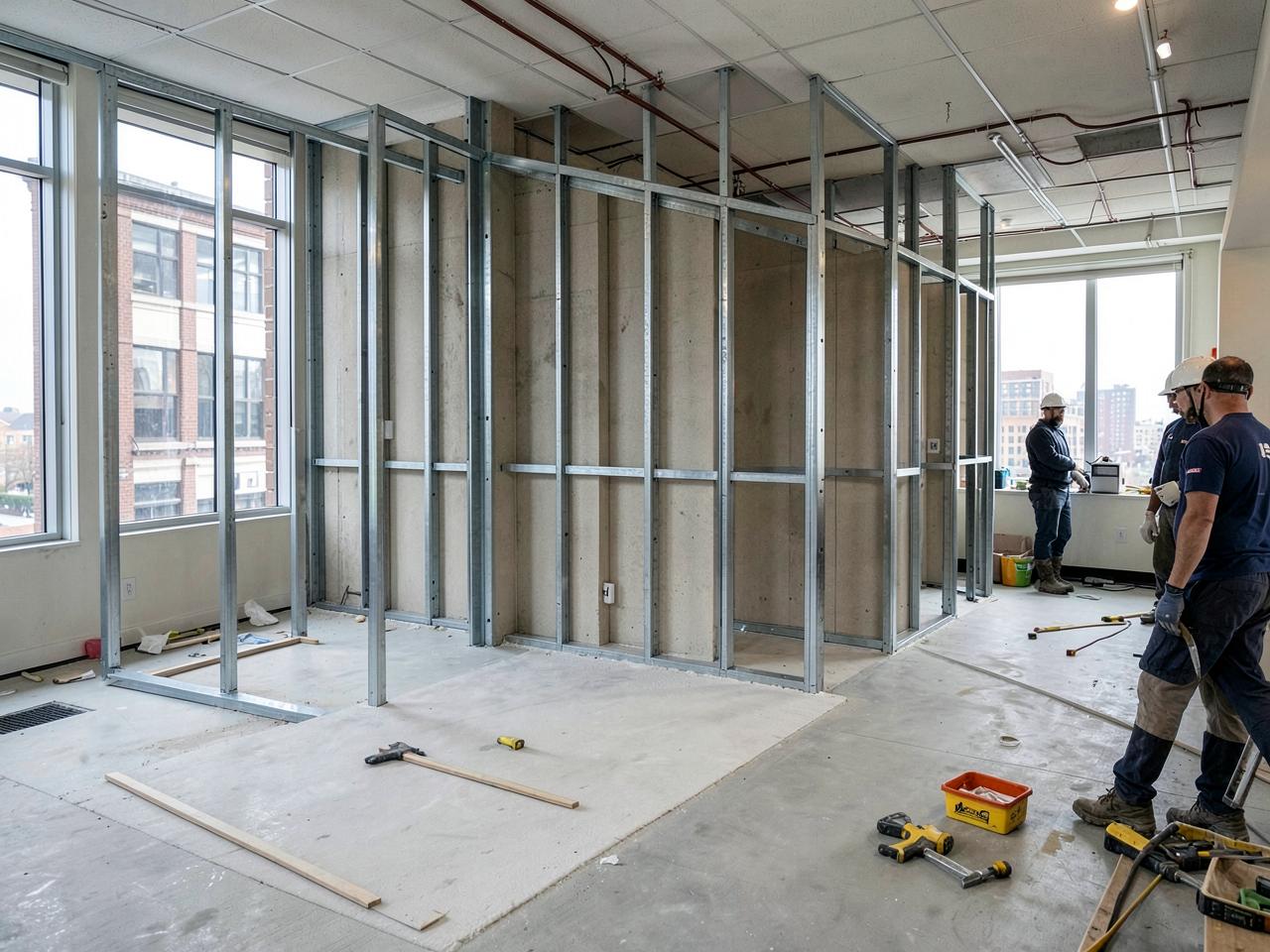 Commercial office renovation with steel stud framing and protected work areas
