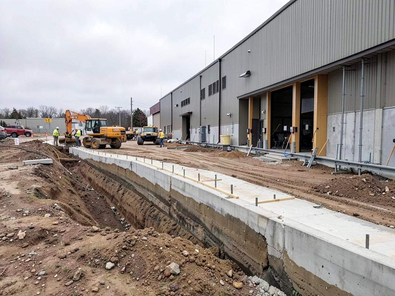 Concrete approach and civil site improvements underway beside an industrial building