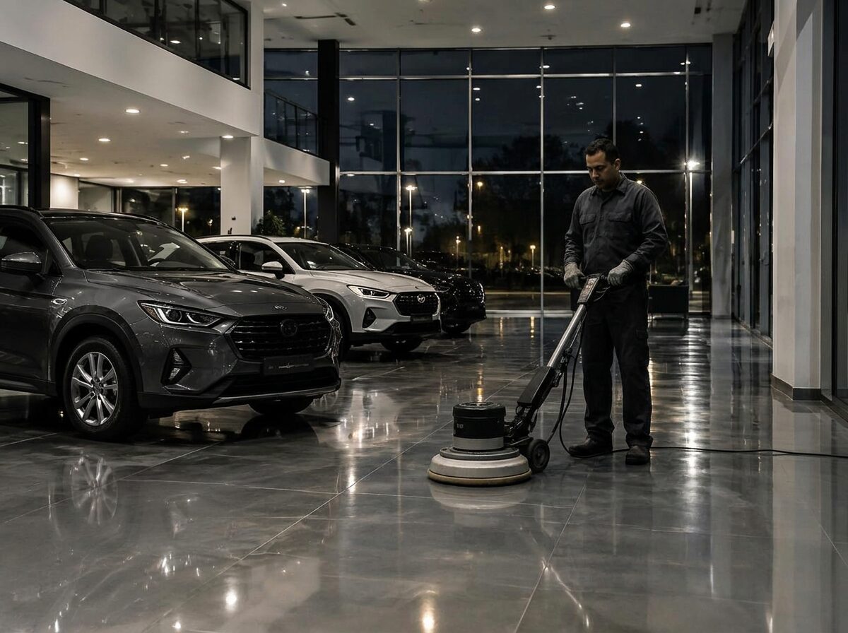 Facility worker operating a floor burnisher in an automotive showroom after hours