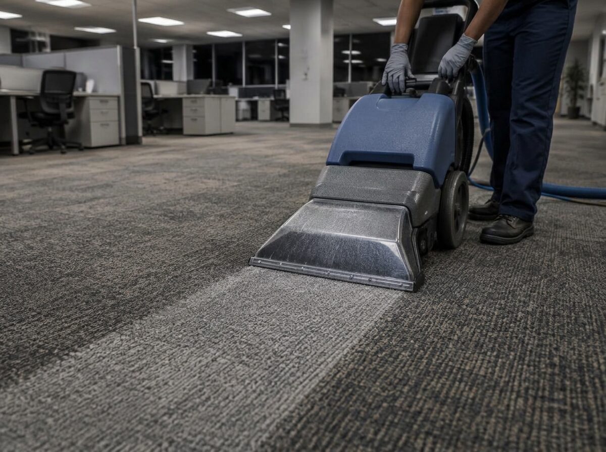 Cleaner wearing gloves operating a carpet extractor across a corporate office carpet