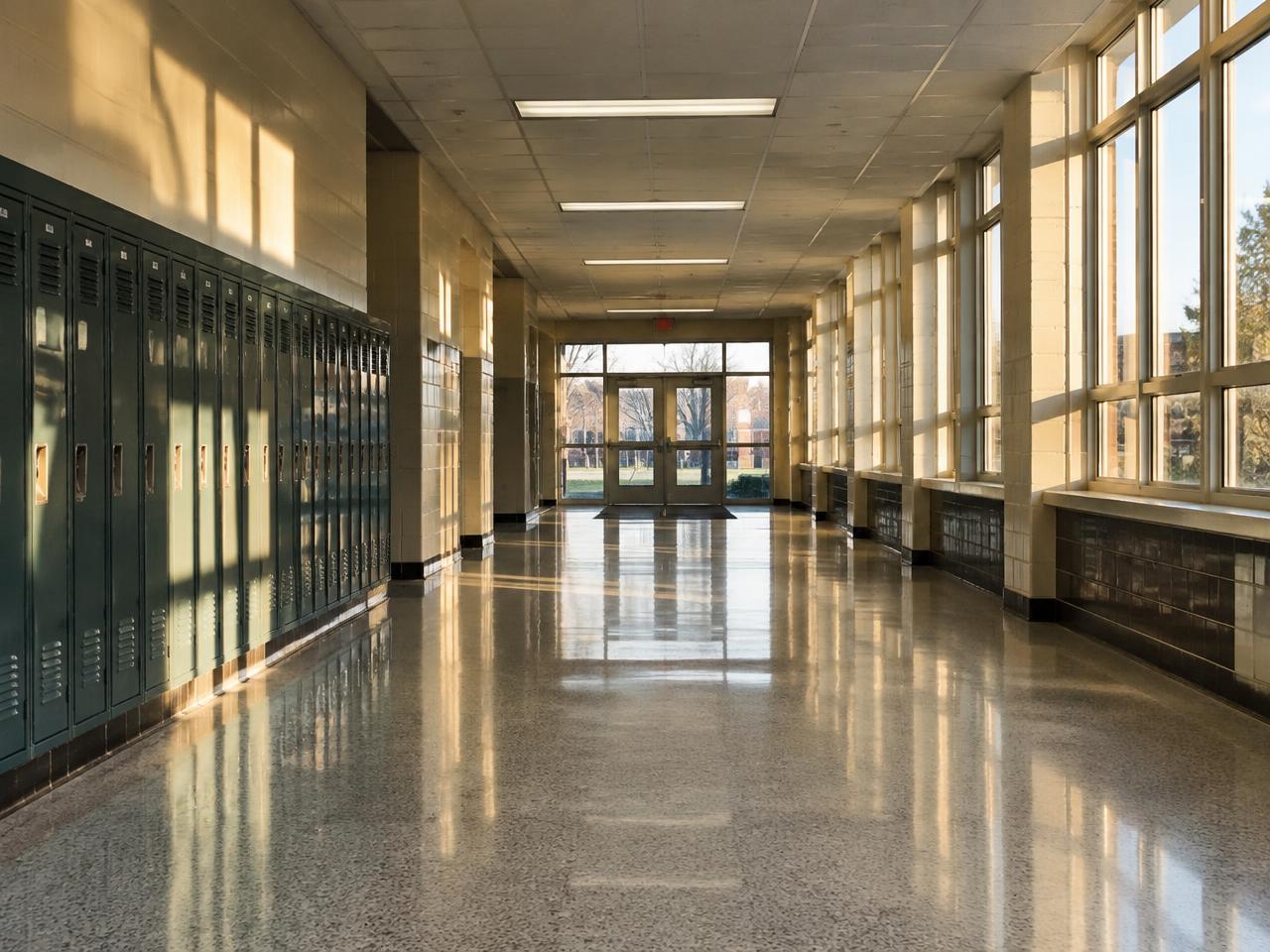 Empty school corridor with lockers and a freshly buffed terrazzo floor
