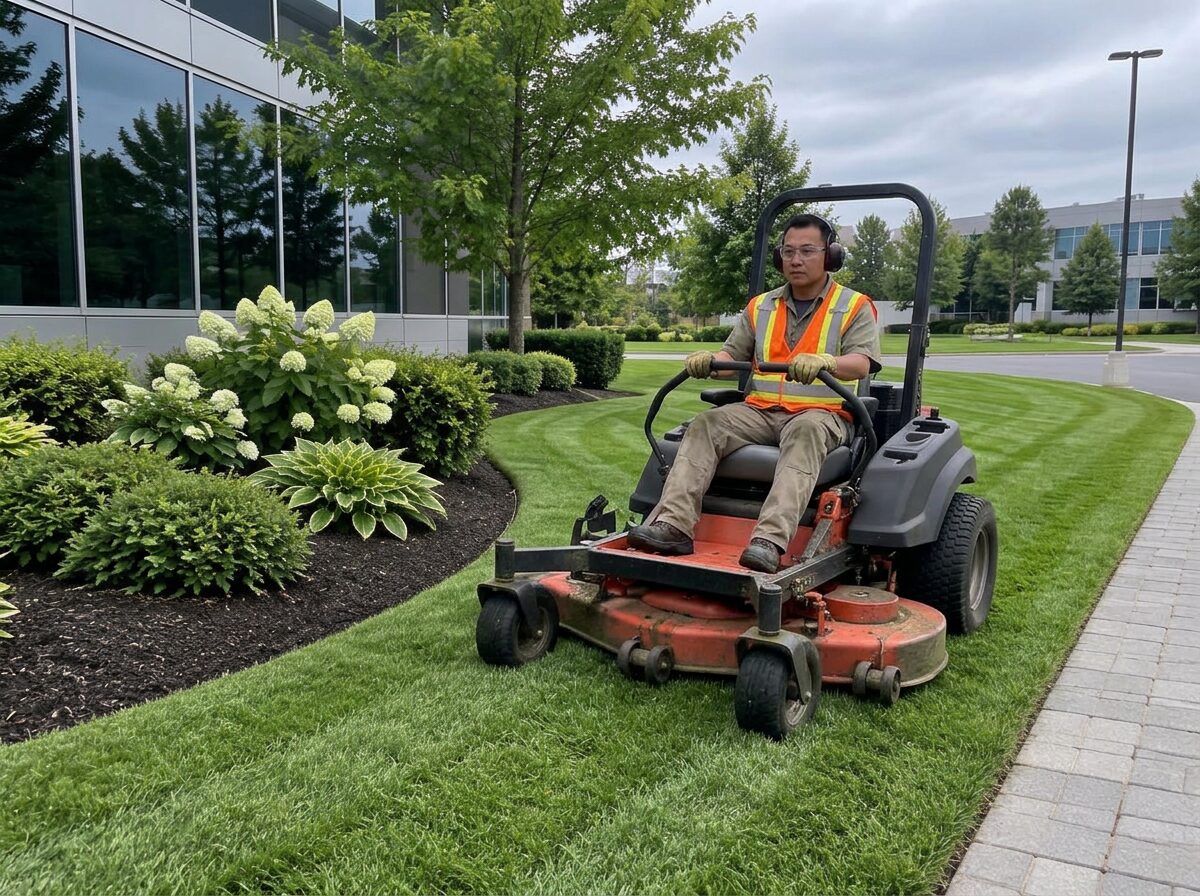 Grounds worker wearing high-visibility clothing and protective equipment operating a ride-on mower beside an office building