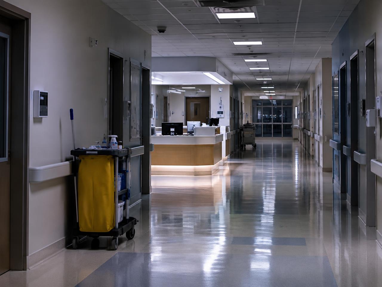 Empty hospital corridor at night with a sanitation cart beside the wall