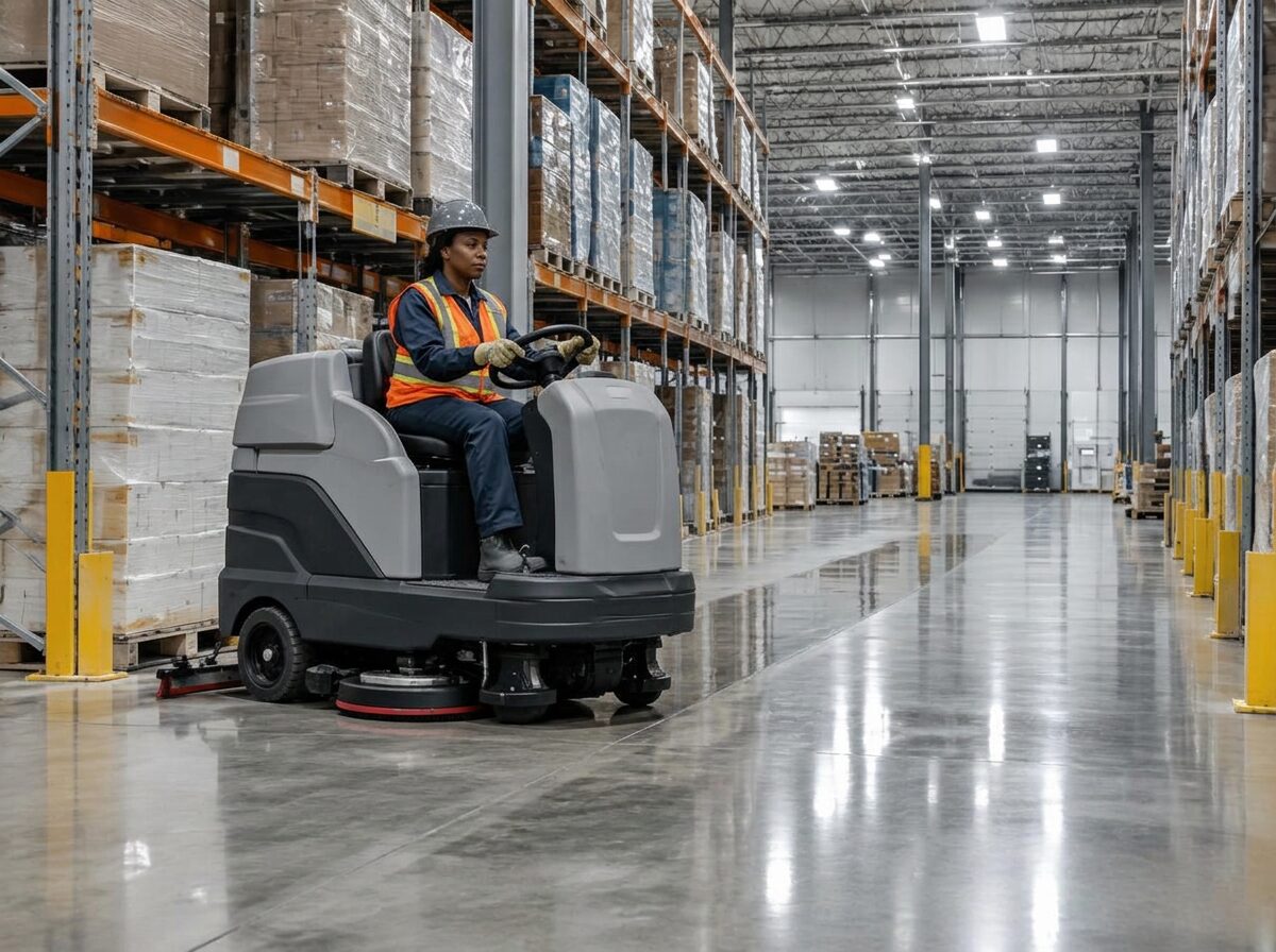 Facility worker wearing protective equipment operating a ride-on floor scrubber in a warehouse aisle