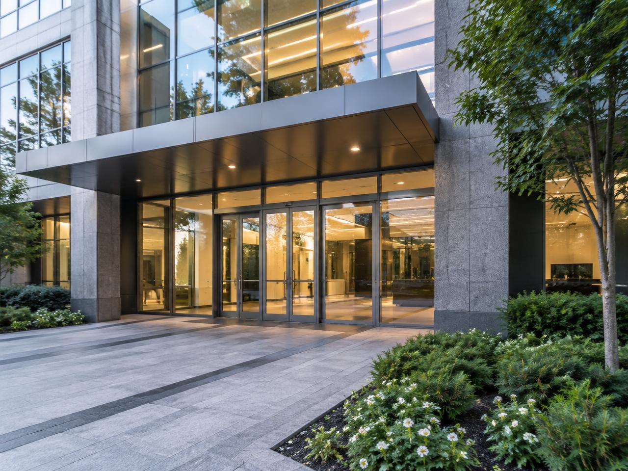 Entrance and forecourt of a multi-tenant office building with maintained planting beds