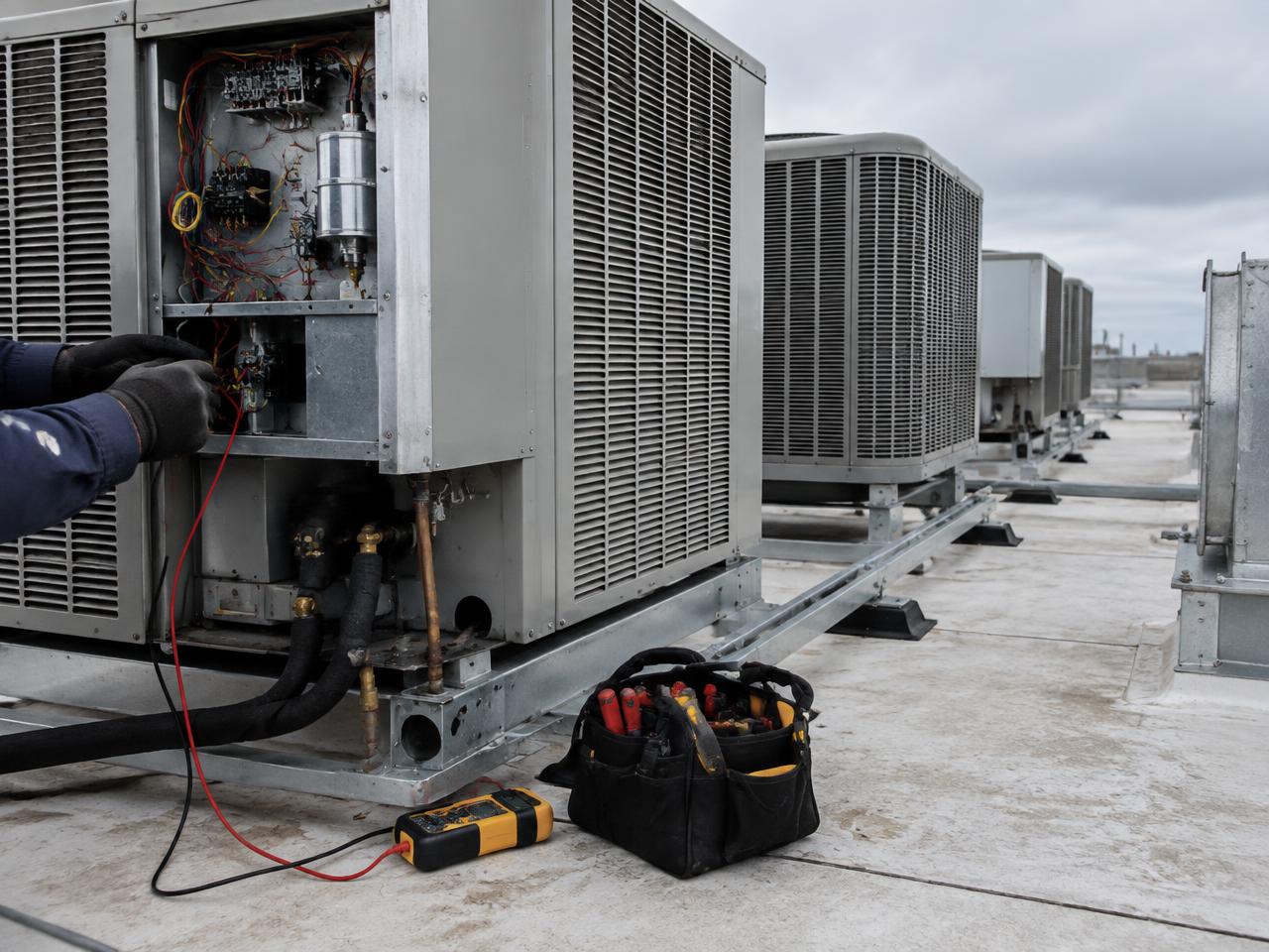 Rooftop commercial HVAC units with a service panel open and test instruments on the roof deck