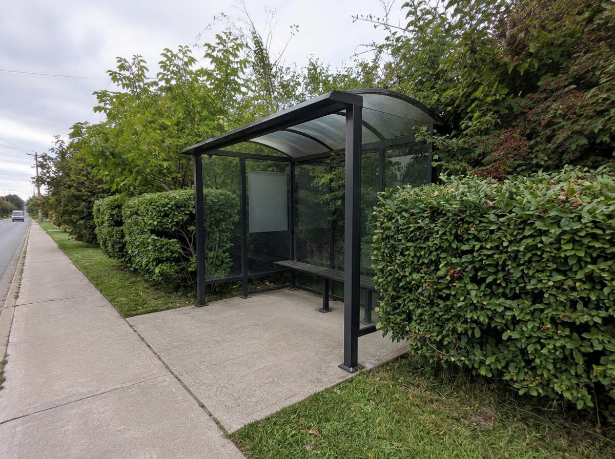 The same bus shelter after the shrub line was cut back and the grass edges trimmed