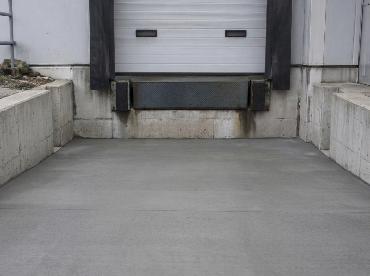 The same dock door with the approach rebuilt in level concrete and the area clear of water