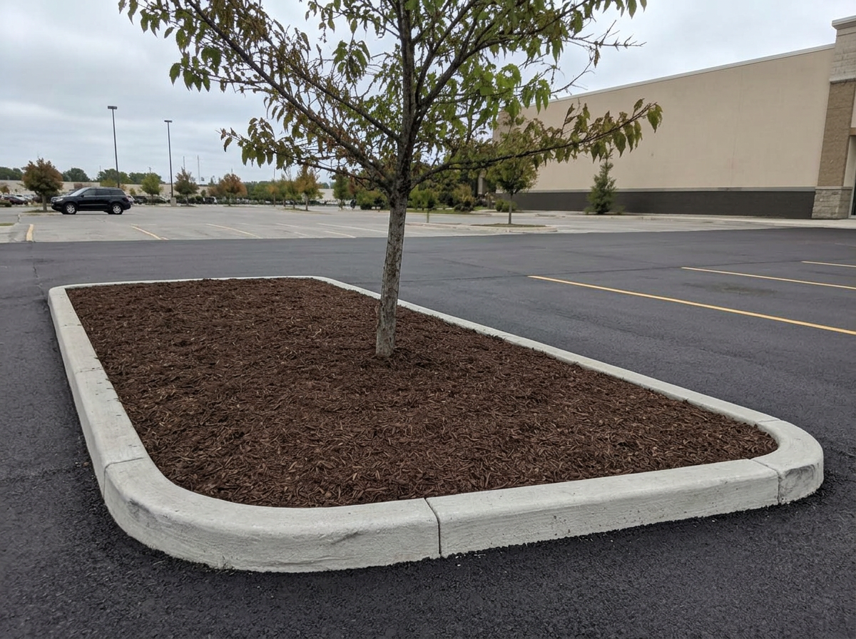 The same landscape island with reset curb edging and fresh mulch installed
