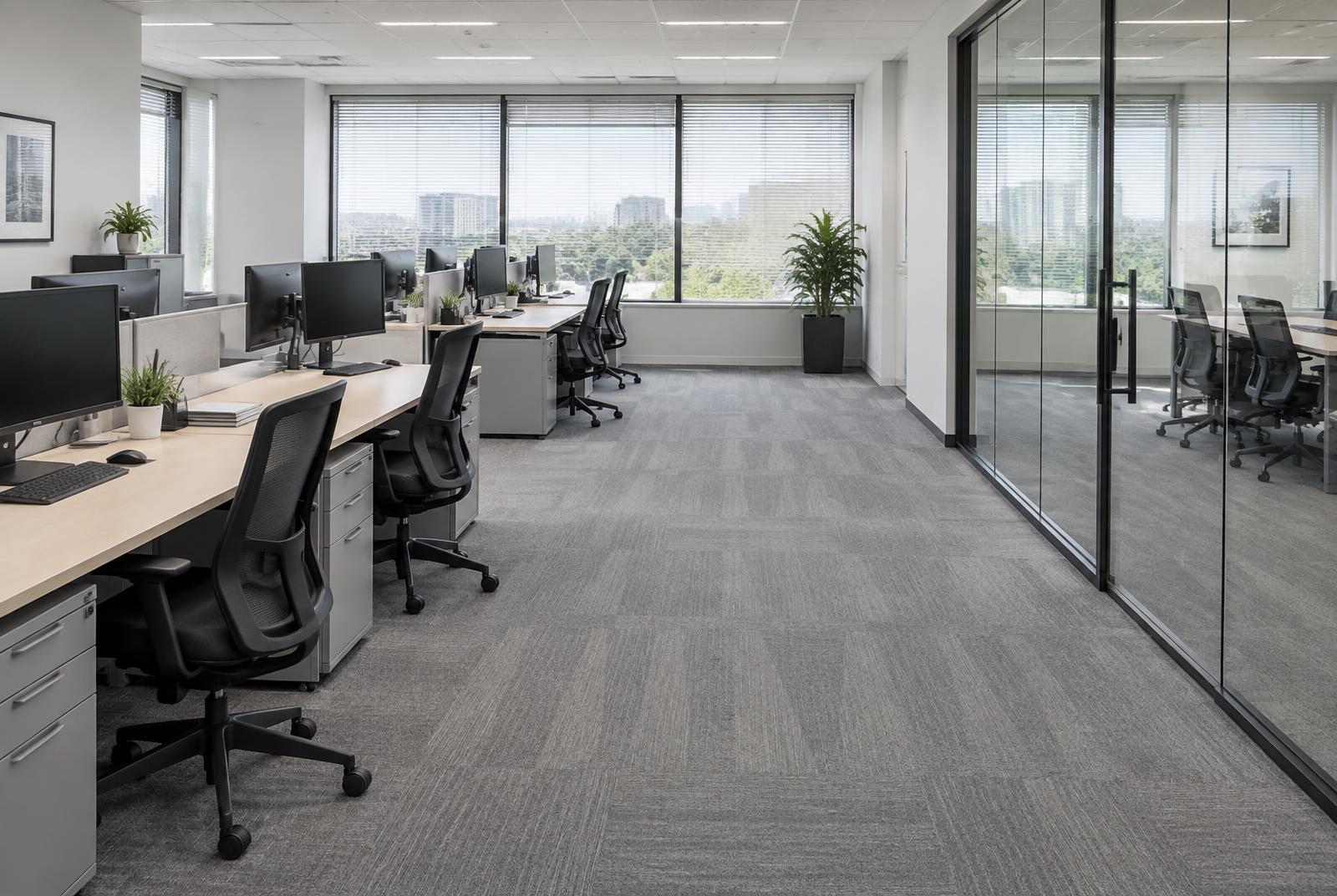 The same open-plan office floor with desks cleared and wiped, carpet vacuumed and glass partitions cleaned