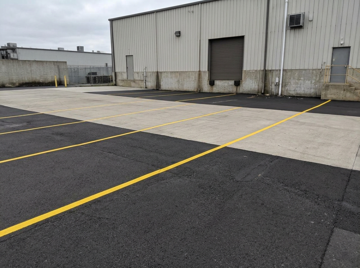 The same parking area after power washing, with clean pavement and visible line markings