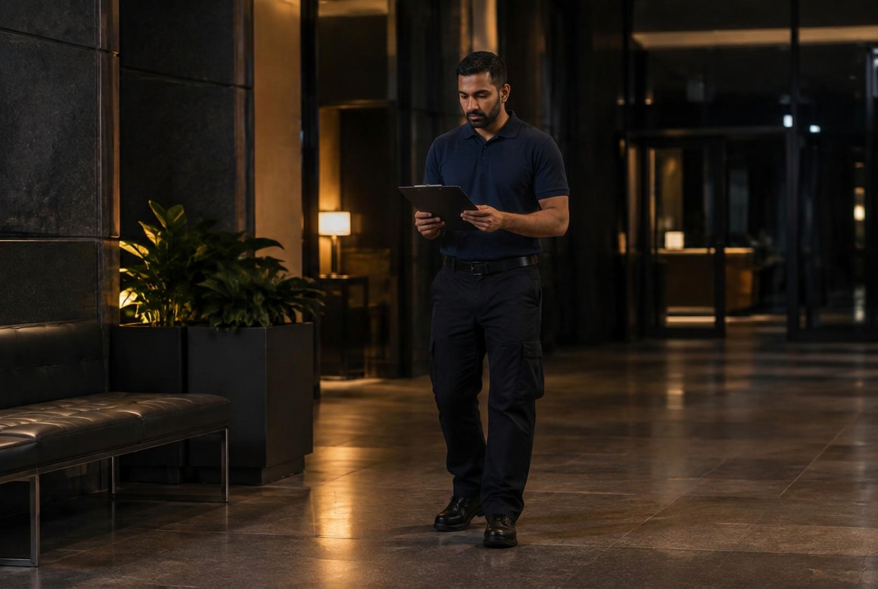 Facility support worker reviewing a shift coverage checklist in a building lobby