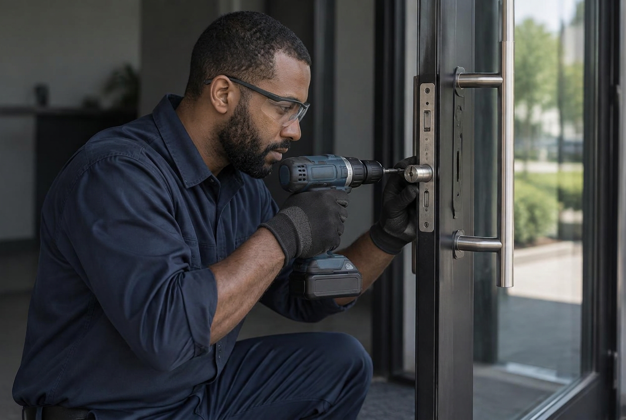 Technician servicing the lock hardware on a commercial entrance door