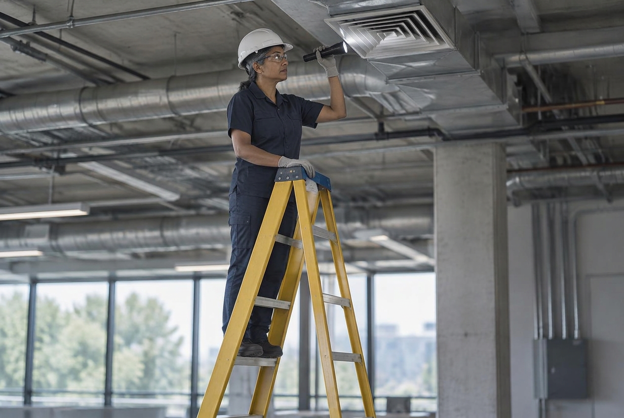 Building technician on a stepladder inspecting a ceiling air vent
