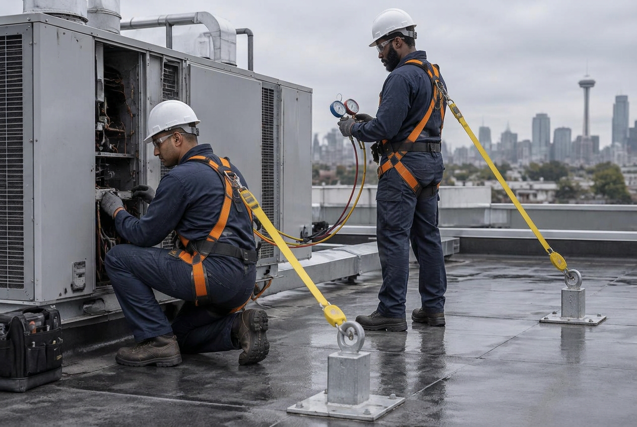 Technicians in fall-protection harnesses servicing a rooftop HVAC unit